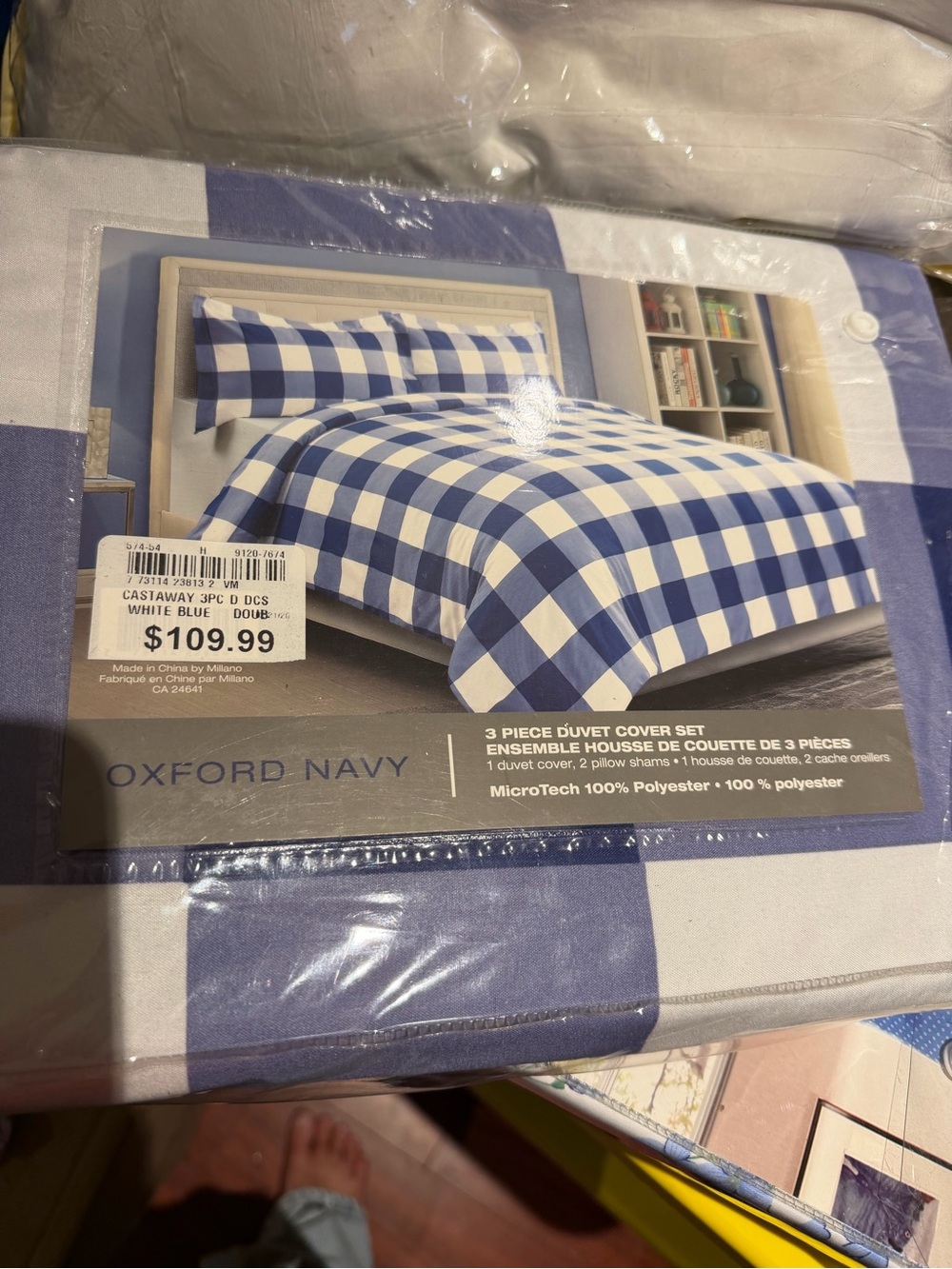 NWT Oxford Navy Blue & White Check 3-Piece Duvet Cover Set Queen size